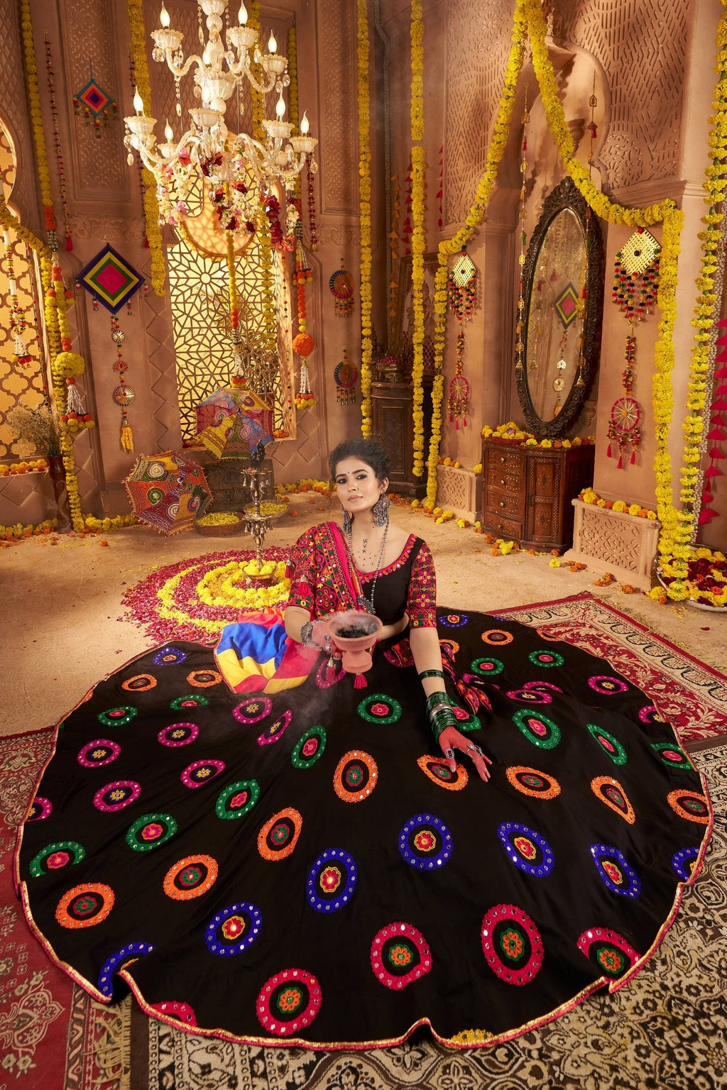 Viscose Cotton Elegant Thread Embroidered With Mirror Work Traditional Navratri Lehenga Choli - ETHNICDEAL