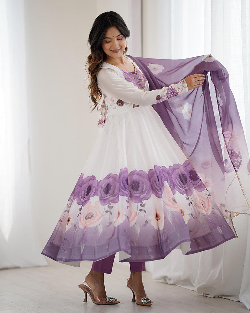 Violet Color Floral Pure Soft Tebby Organza Three Piece Anarkali Suit - ETHNICDEAL