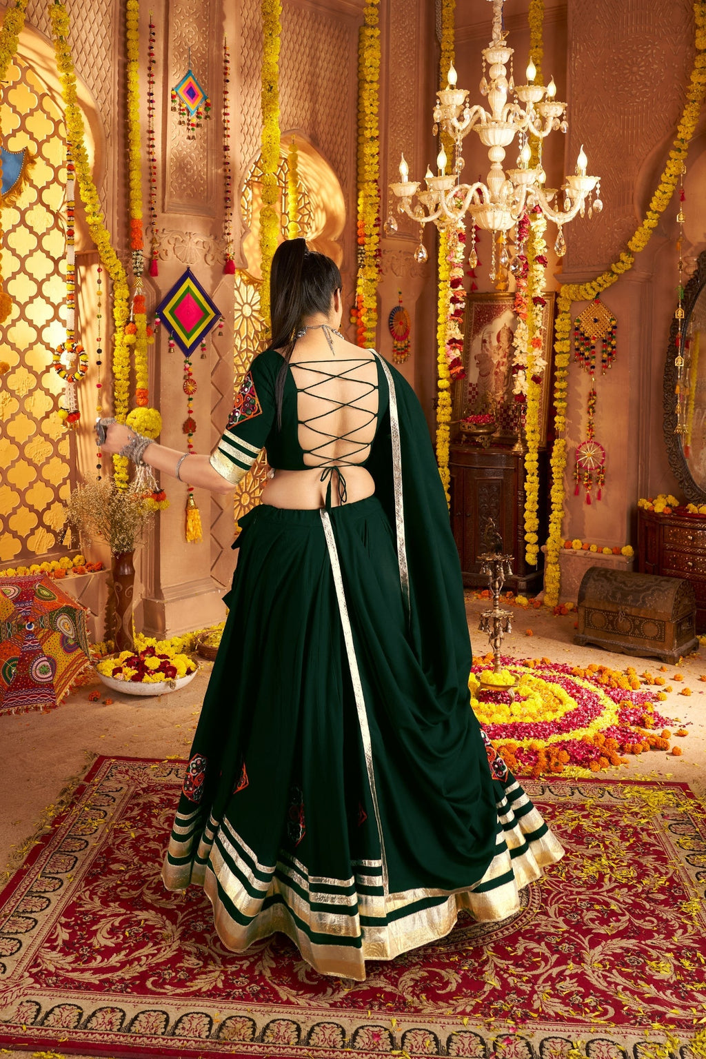 Green Thread Embroidered With Hand Mirror Work Navratri Festive Readymade Lehenga Choli - ETHNICDEAL