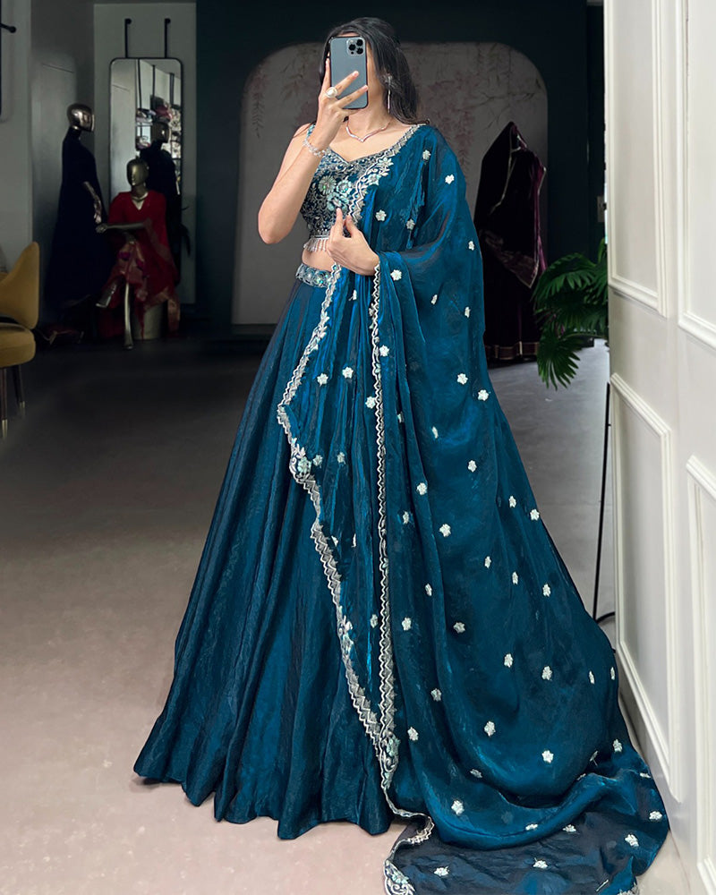 Festive Peacock Color Fendi Silk Embroidered Lehenga Choli - ETHNICDEAL