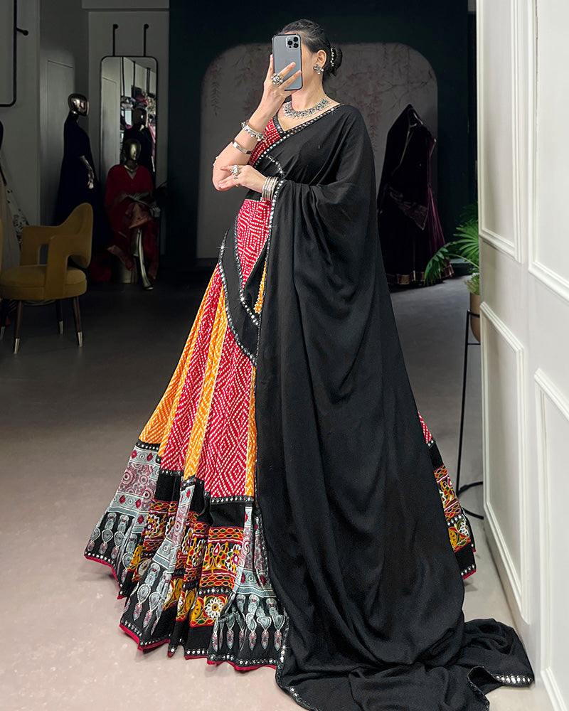 Red And Yellow Bandhej And Ajarakh Print Rayon Navratri Lehenga Choli - ETHNICDEAL