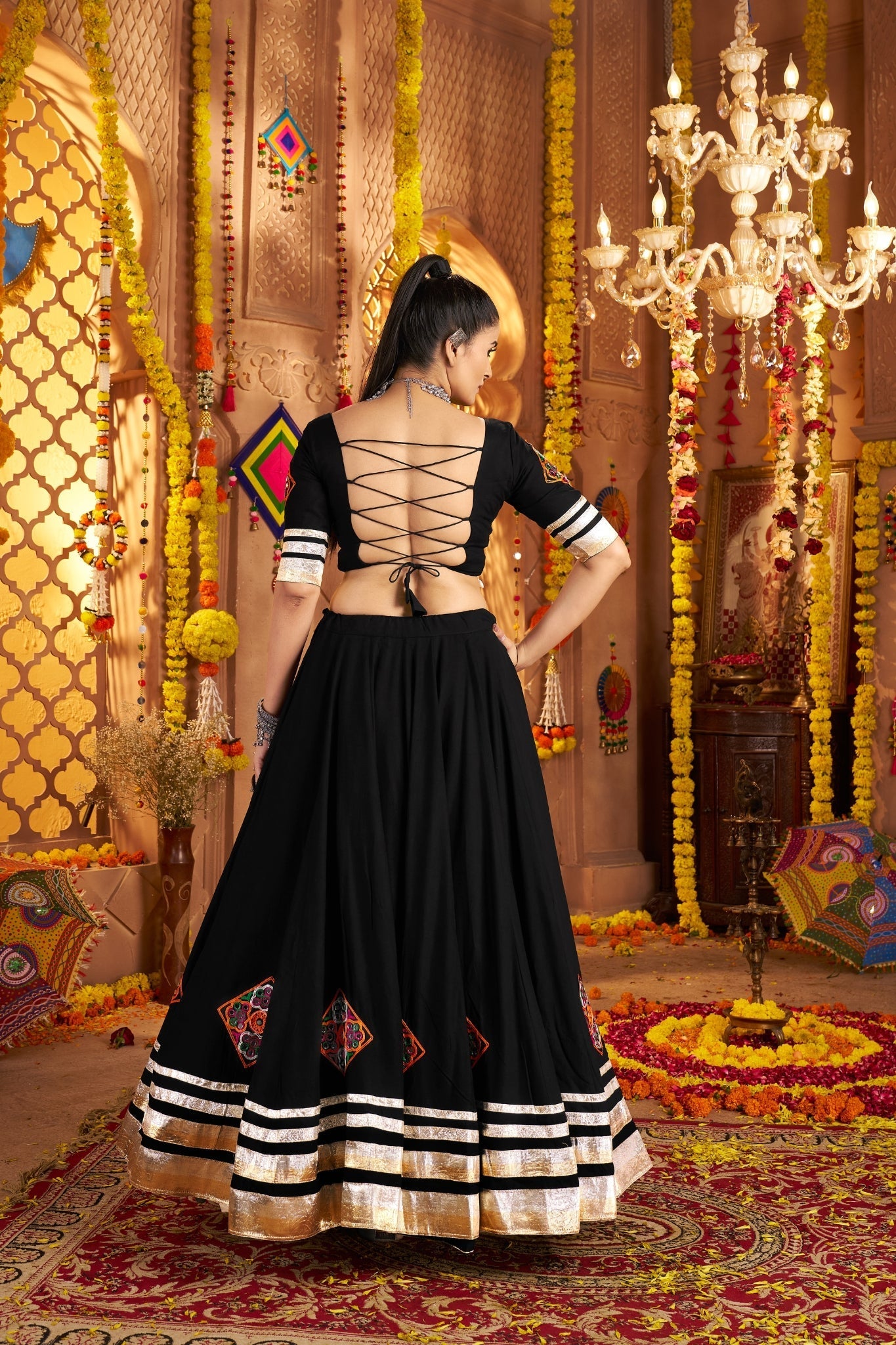 Navratri crafted Designer Viscose Rayon Tread Embroidered With Mirror Work Black Readymade Lehenga Choli - ETHNICDEAL