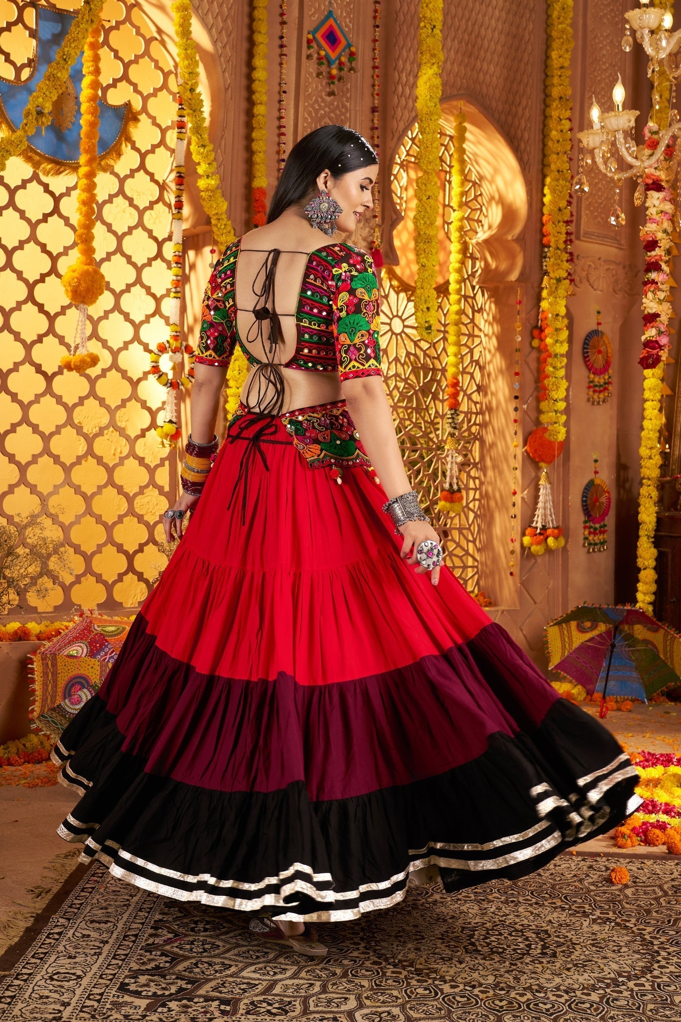 Festive Designer Viscose Cotton Multi Tread With Mirror Work Traditional Navratri Lehenga Choli - ETHNICDEAL