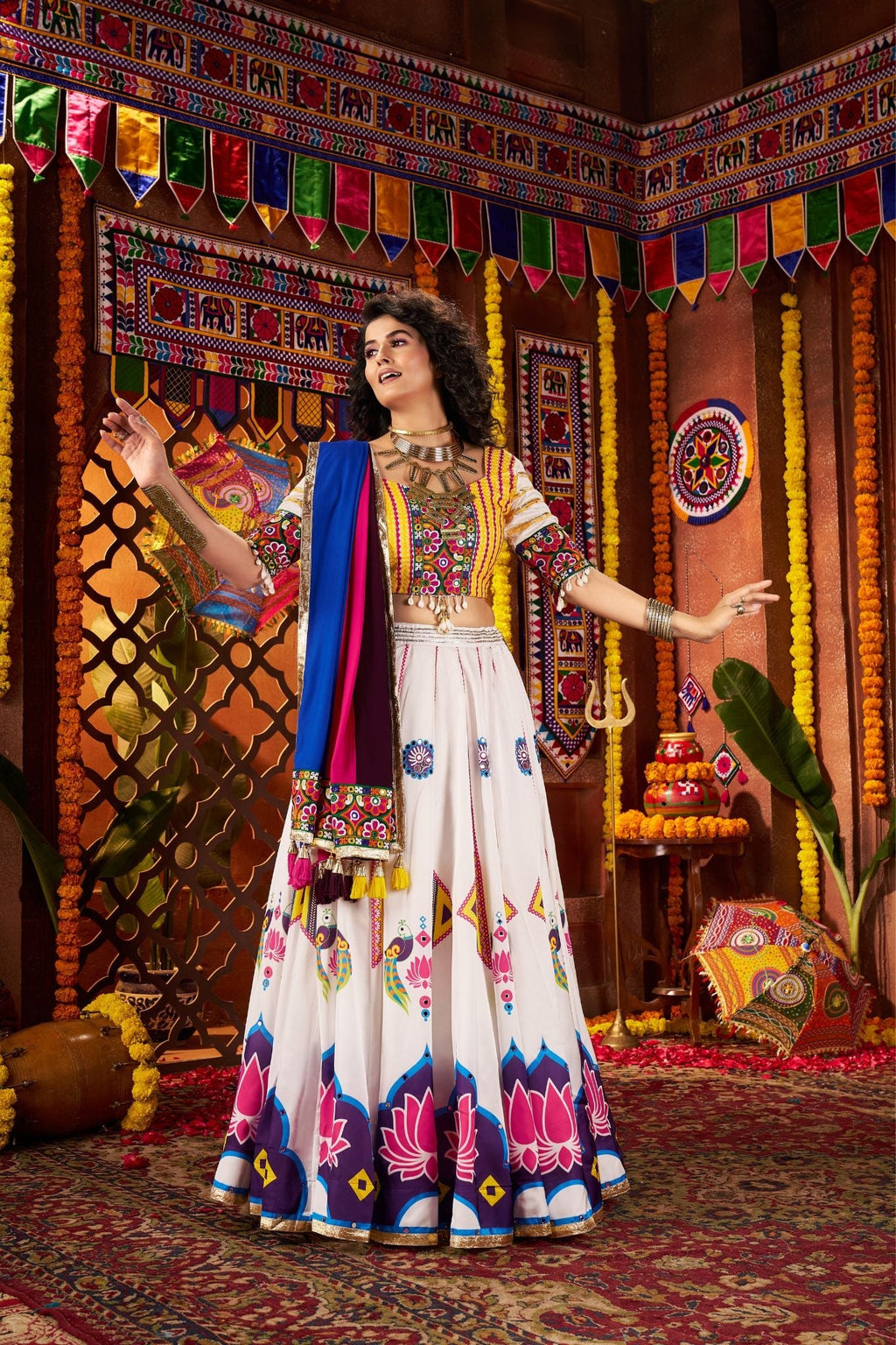 Designer White Navratri Lehenga Choli With Mirror And Hand Embroidery Work - ETHNICDEAL