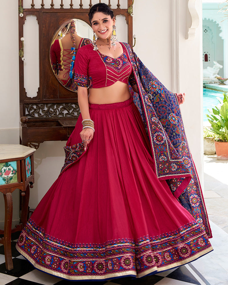 Festive Pink Tussar Silk Full Stitched Lehenga Choli for Garba and Navratri - ETHNICDEAL
