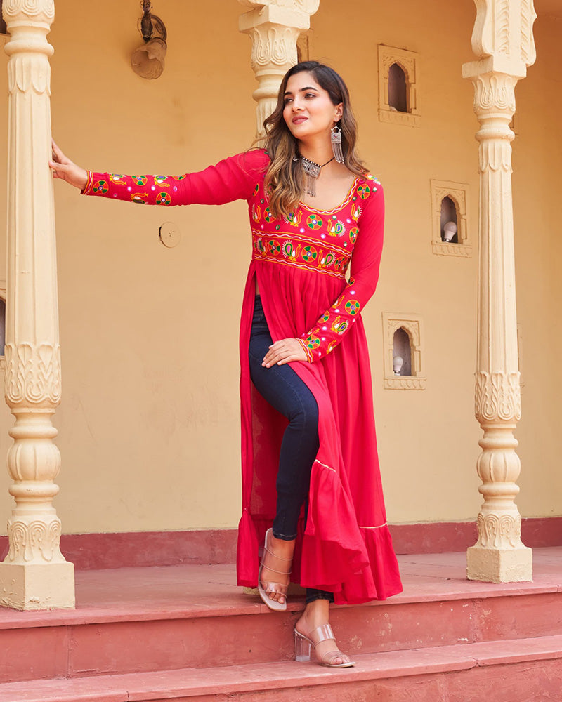 Designer Red Pure Rayon Embroidered Kurti for Navratri Festival - ETHNICDEAL