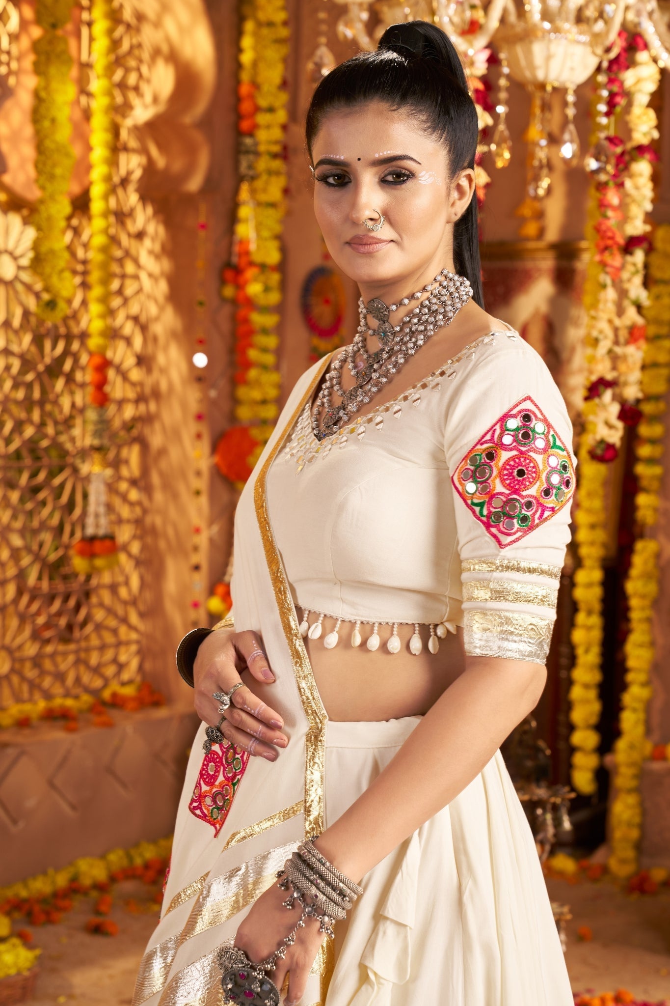 White Navratri Stunning Hand Mirror Work With Tread Embroidered Traditional Readymade Lehenga Choli - ETHNICDEAL