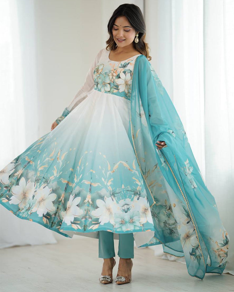 Aqua Blue Organza Anarkali Suit with Floral Print & Dupatta - ETHNICDEAL