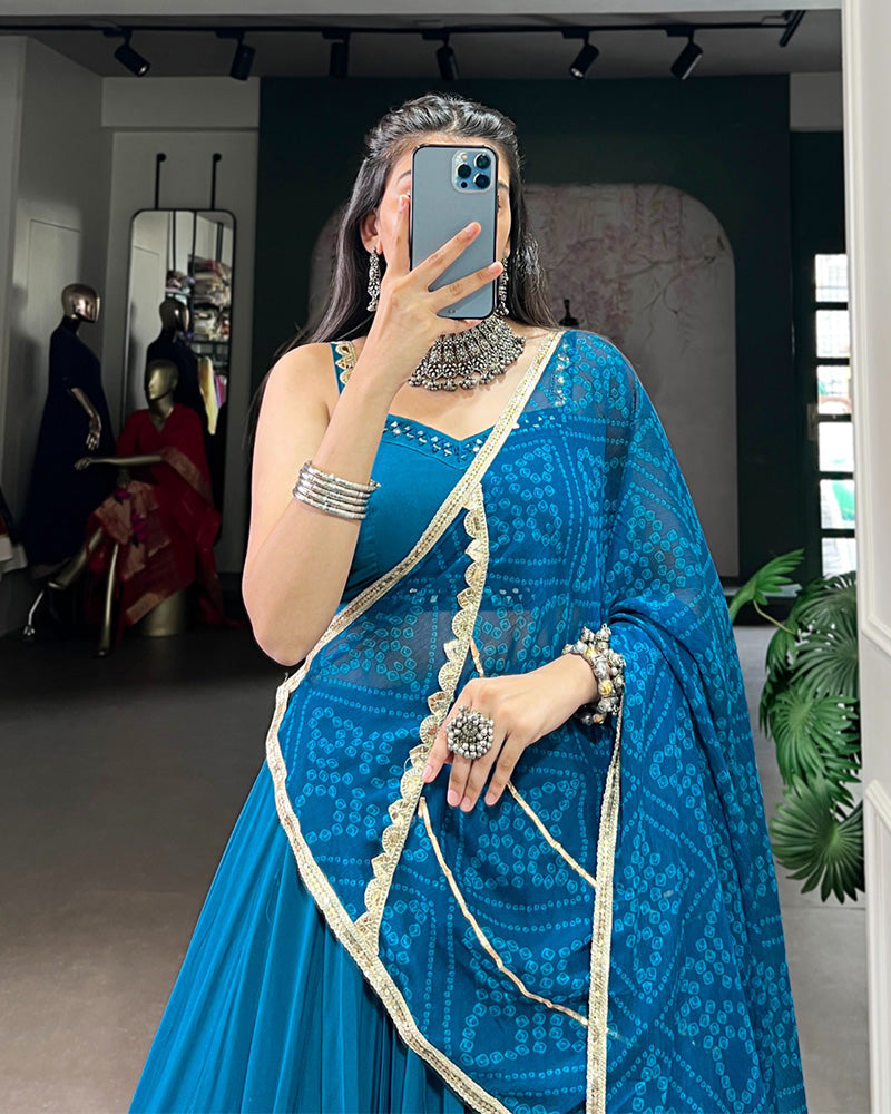 Classic Teal Blue Color Pure Rayon Navratri Lehenga Choli - ETHNICDEAL