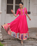 Colorful Border Pink Color Roman Silk Gamthi Work Navratri Gown - ETHNICDEAL