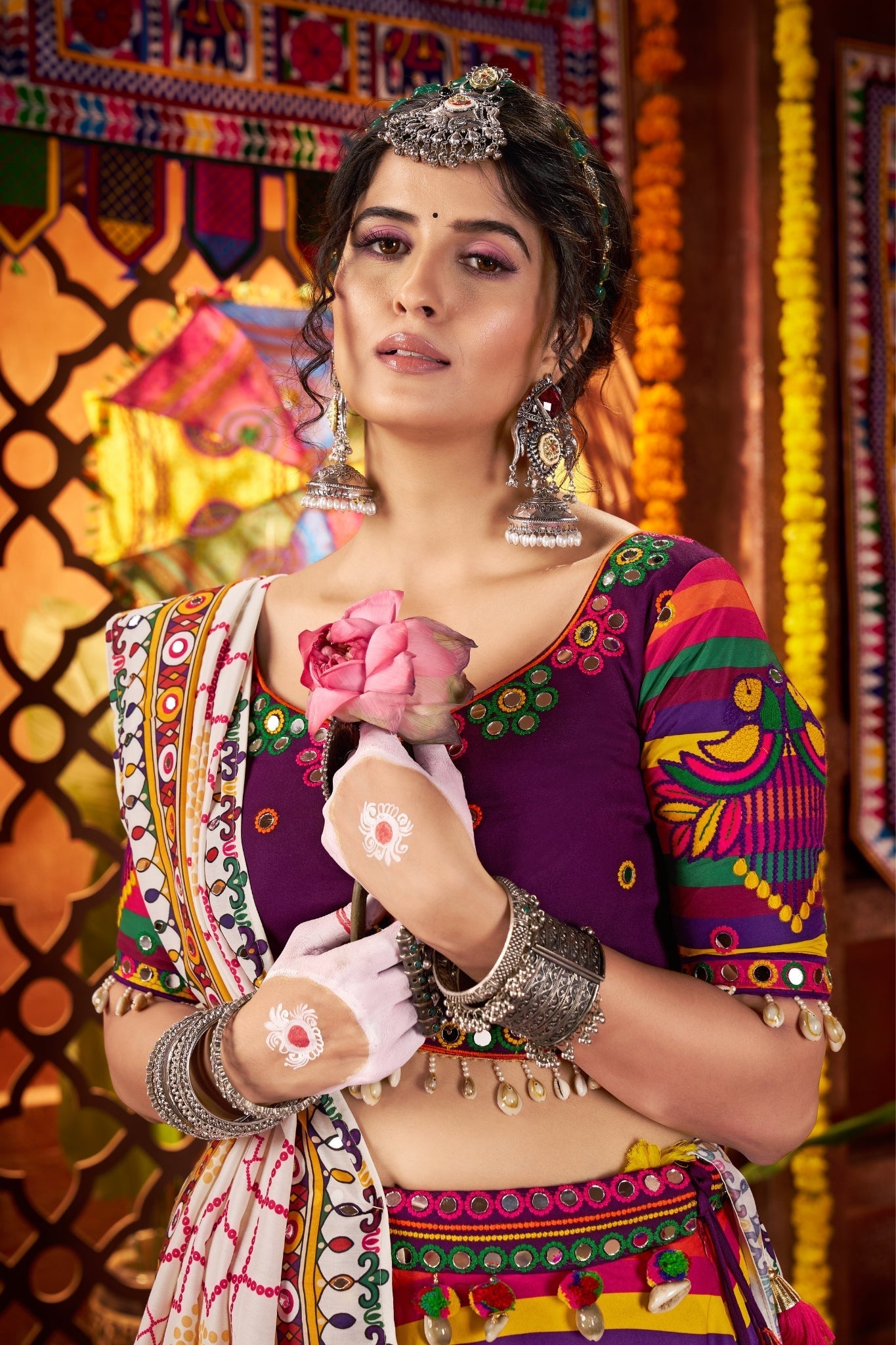 Multi Color Muslin Designer Stunning Print With Mirror Work Navratri Lehenga Choli - ETHNICDEAL