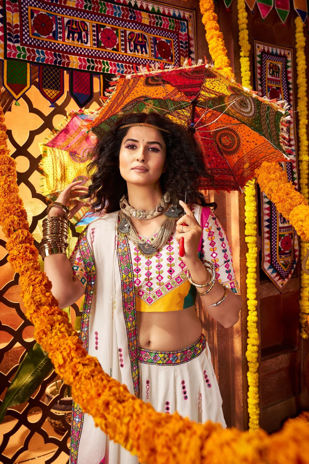 Designer White Lehenga Choli For Navratri With Mirror And Hand Embroidery Work - ETHNICDEAL