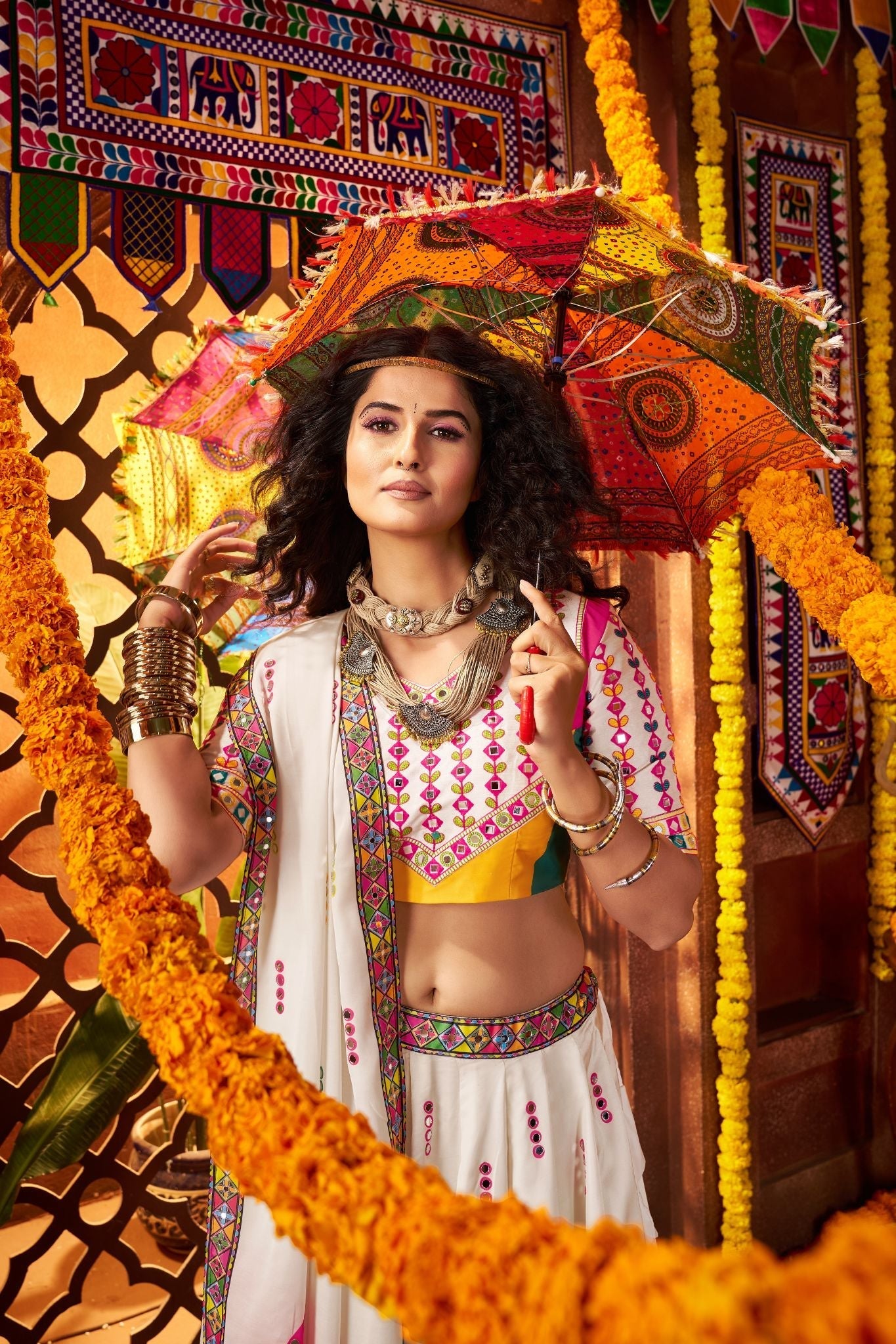 Designer White Lehenga Choli For Navratri With Mirror And Hand Embroidery Work - ETHNICDEAL