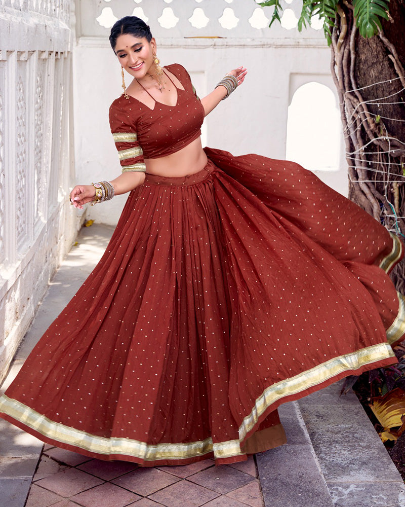 Classic Rust Orange Color Pure Chanderi Navratri Lehenga Choli - ETHNICDEAL