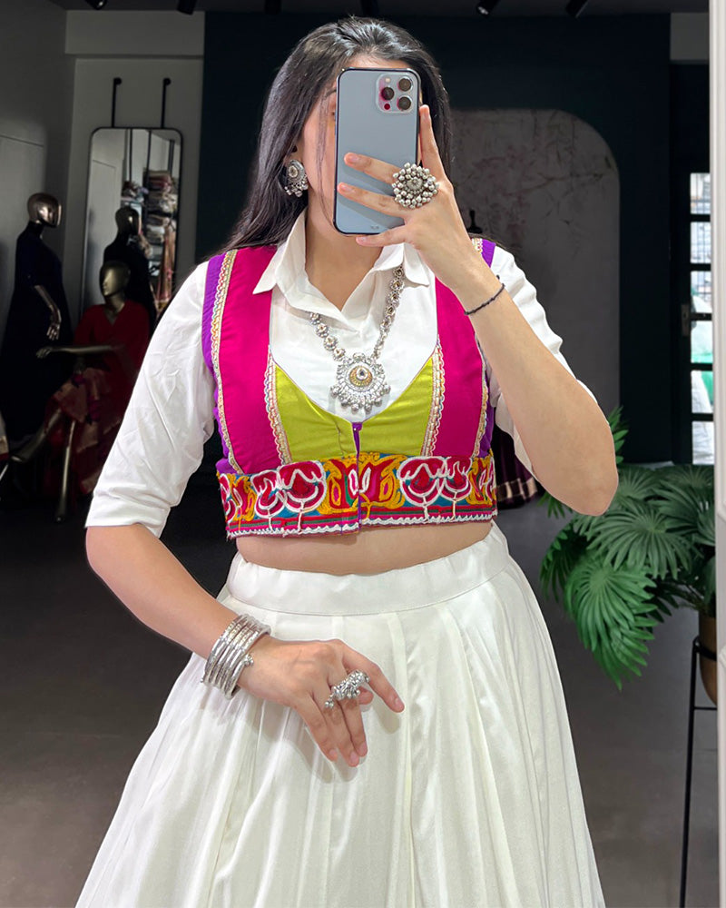 White Rayon Navratri Lehenga Choli WIth Multicolor Border - ETHNICDEAL