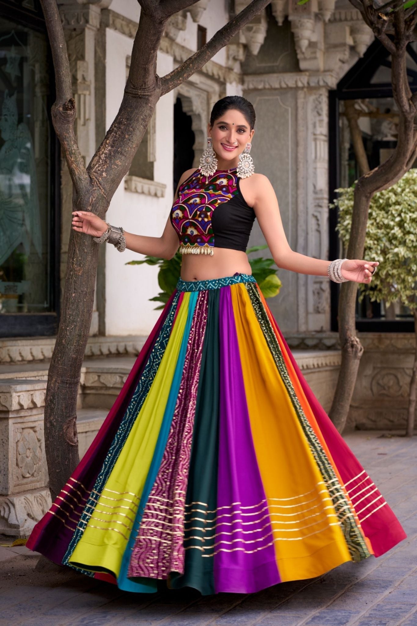 Rainbow Designer Pre Rayon Original Mirror With Gamthi Work Navratri Lehenga Choli - ETHNICDEAL