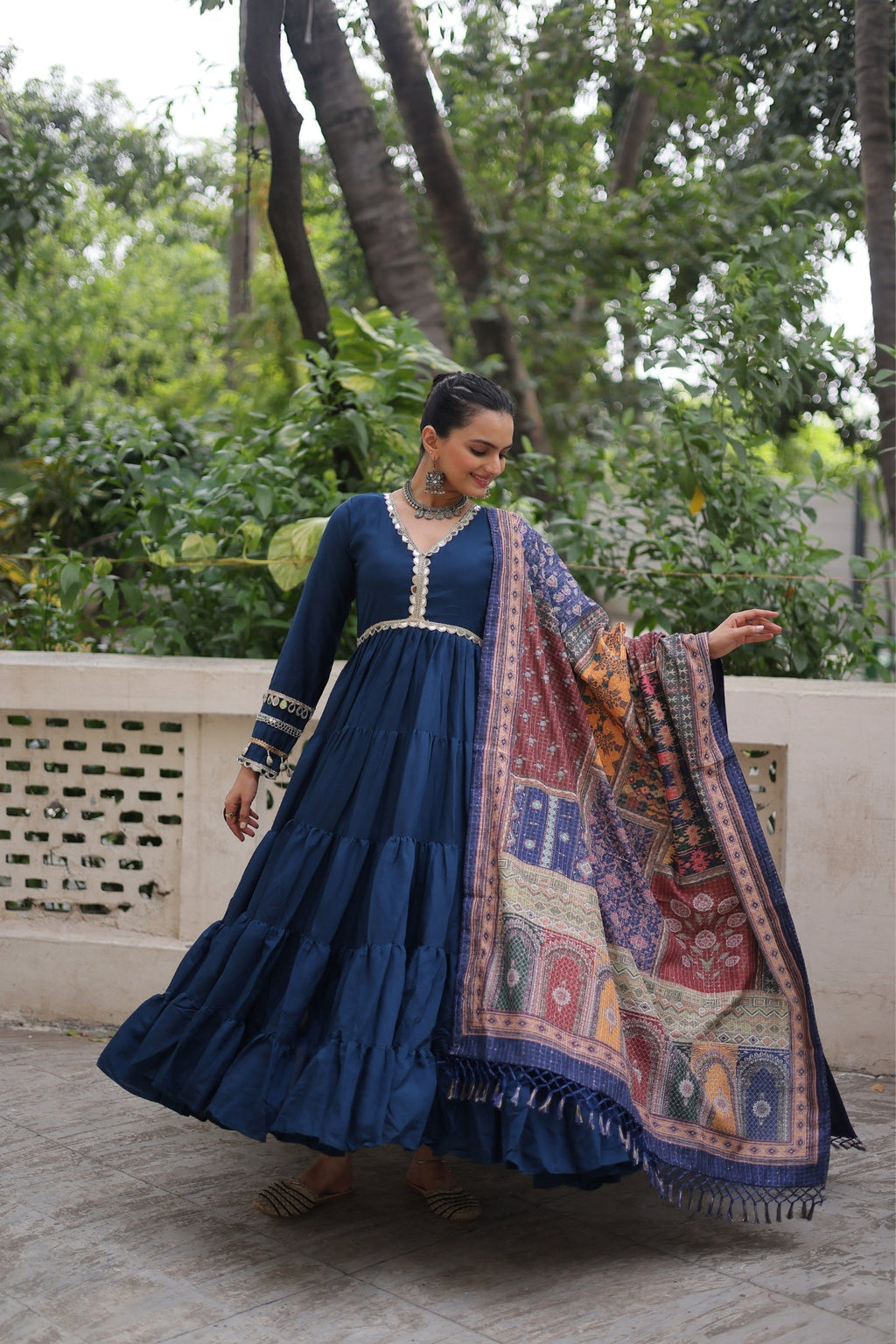 Beautiful Frill Stitching Designer Festival And Wedding Gown And Dupatta Set - ETHNICDEAL