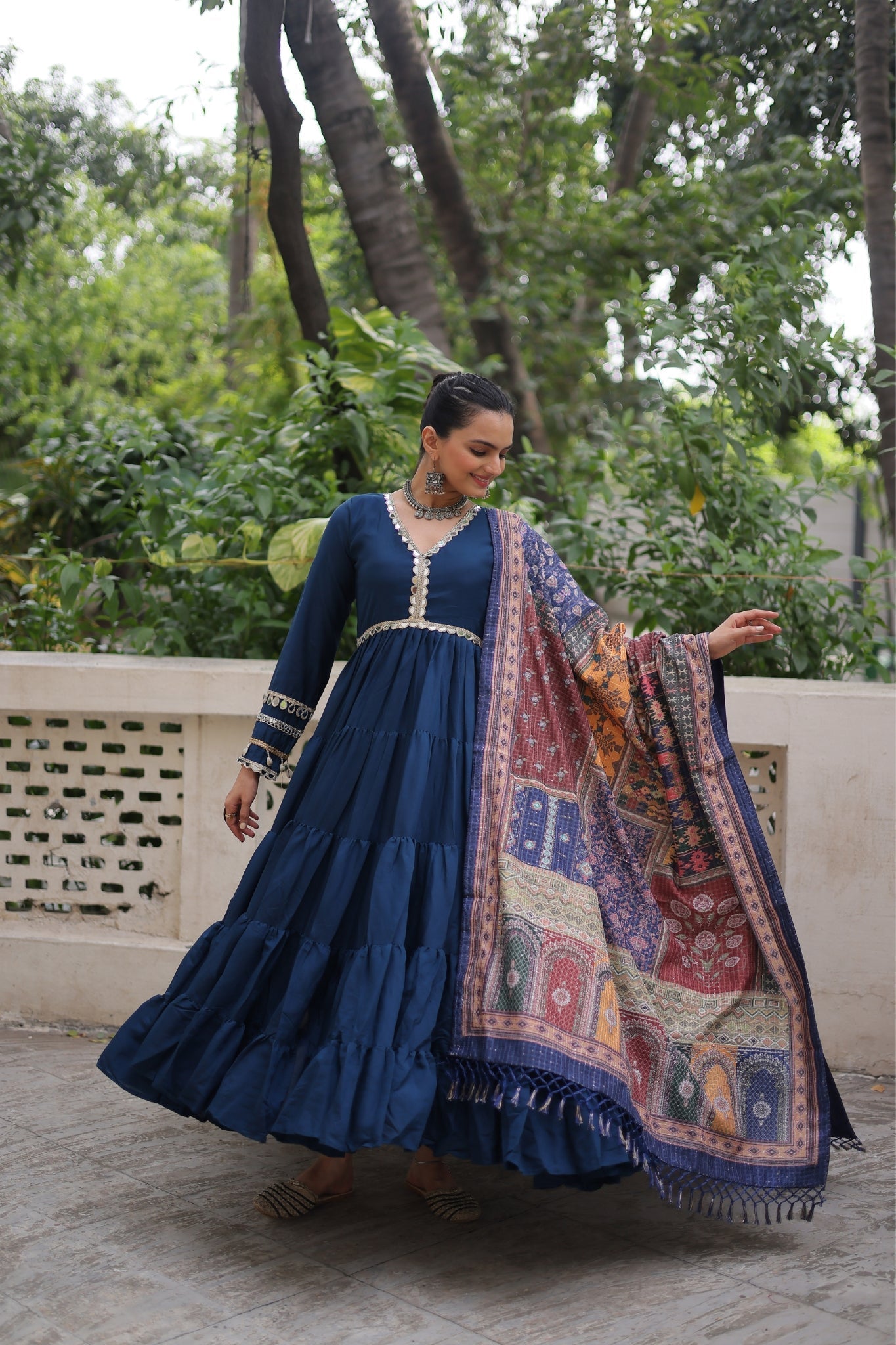 Beautiful Frill Stitching Designer Festival And Wedding Gown And Dupatta Set - ETHNICDEAL