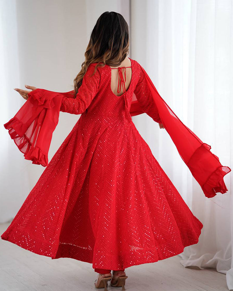 Red Color Georgette Lucknowi Three Piece Anarkali Suit - ETHNICDEAL