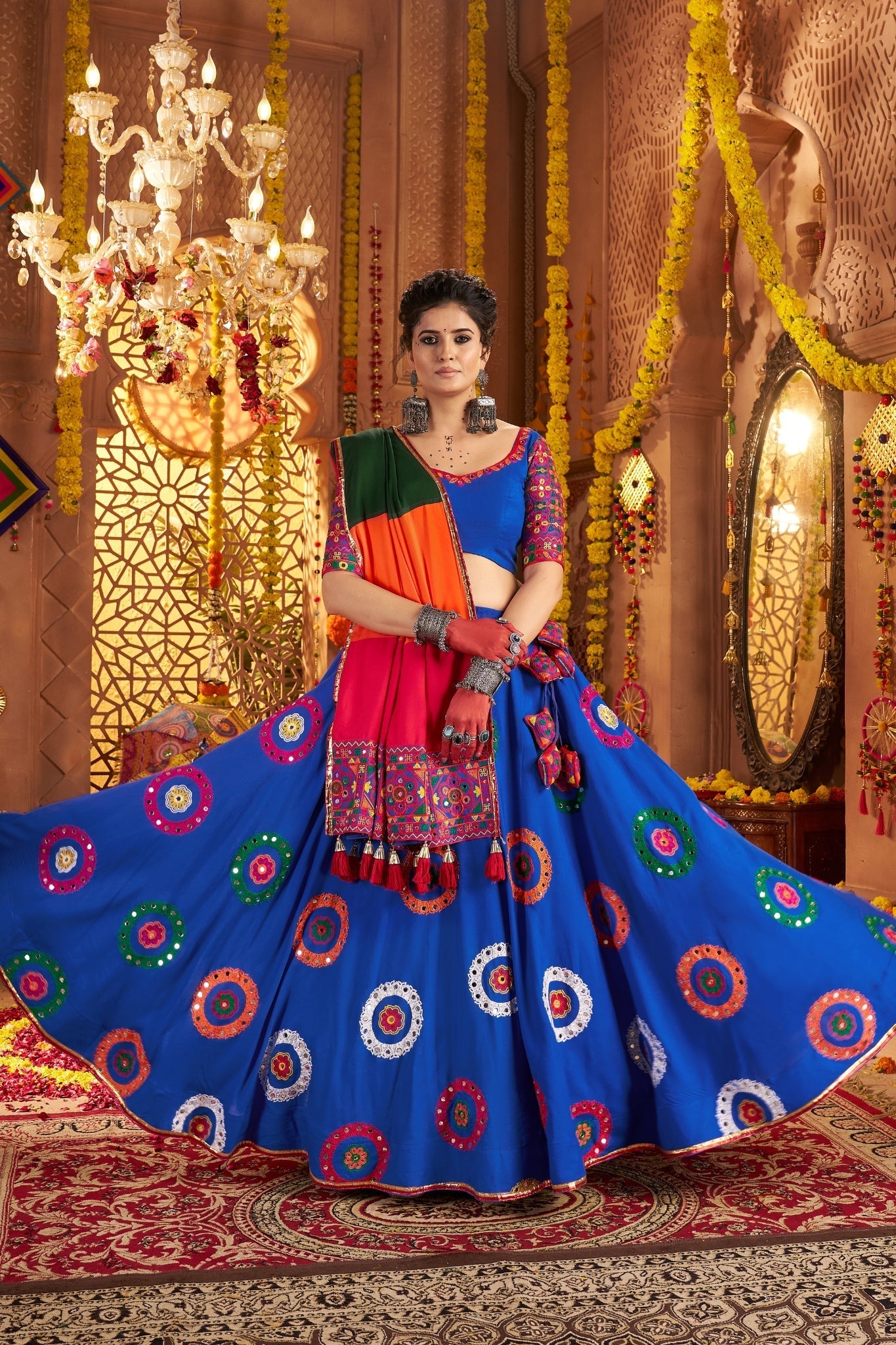Viscose Cotton Elegant Thread Embroidered With Mirror Work Traditional Navratri Lehenga Choli - ETHNICDEAL