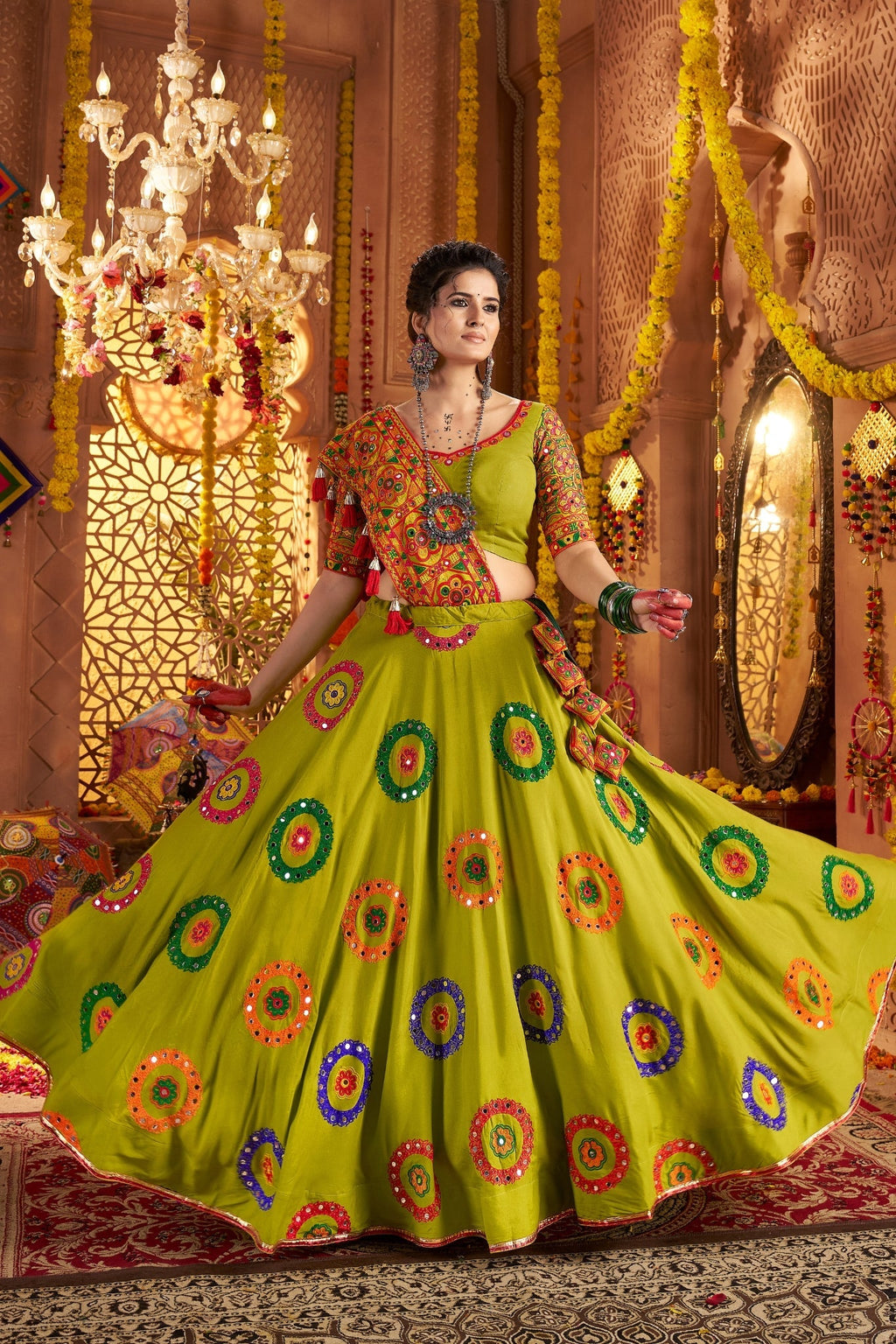 Viscose Cotton Elegant Thread Embroidered With Mirror Work Traditional Navratri Lehenga Choli - ETHNICDEAL