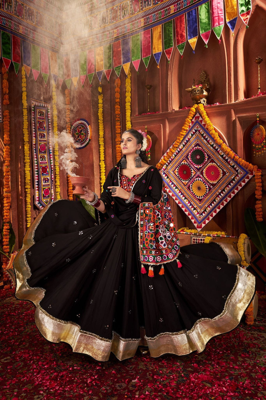 Black Thread With Mirror Hand Work Viscose Cotton Navratri Lehenga Choli - ETHNICDEAL