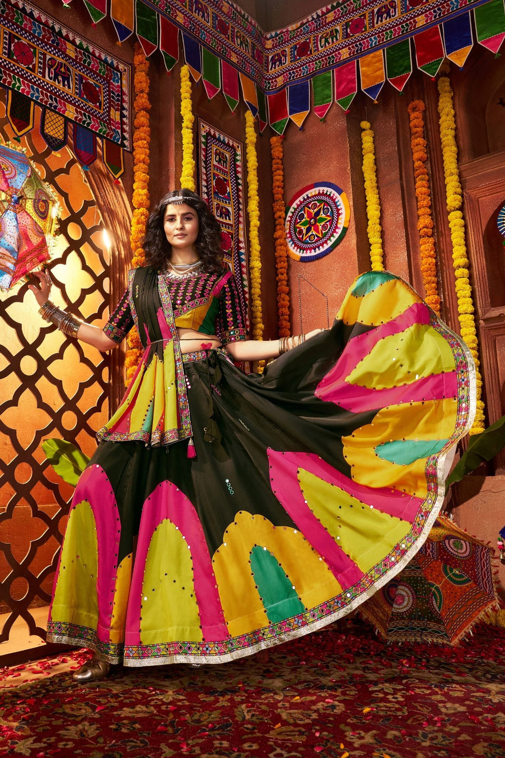 Designer Black Navratri Lehenga Choli Print With Mirror And Embroidery Work - ETHNICDEAL