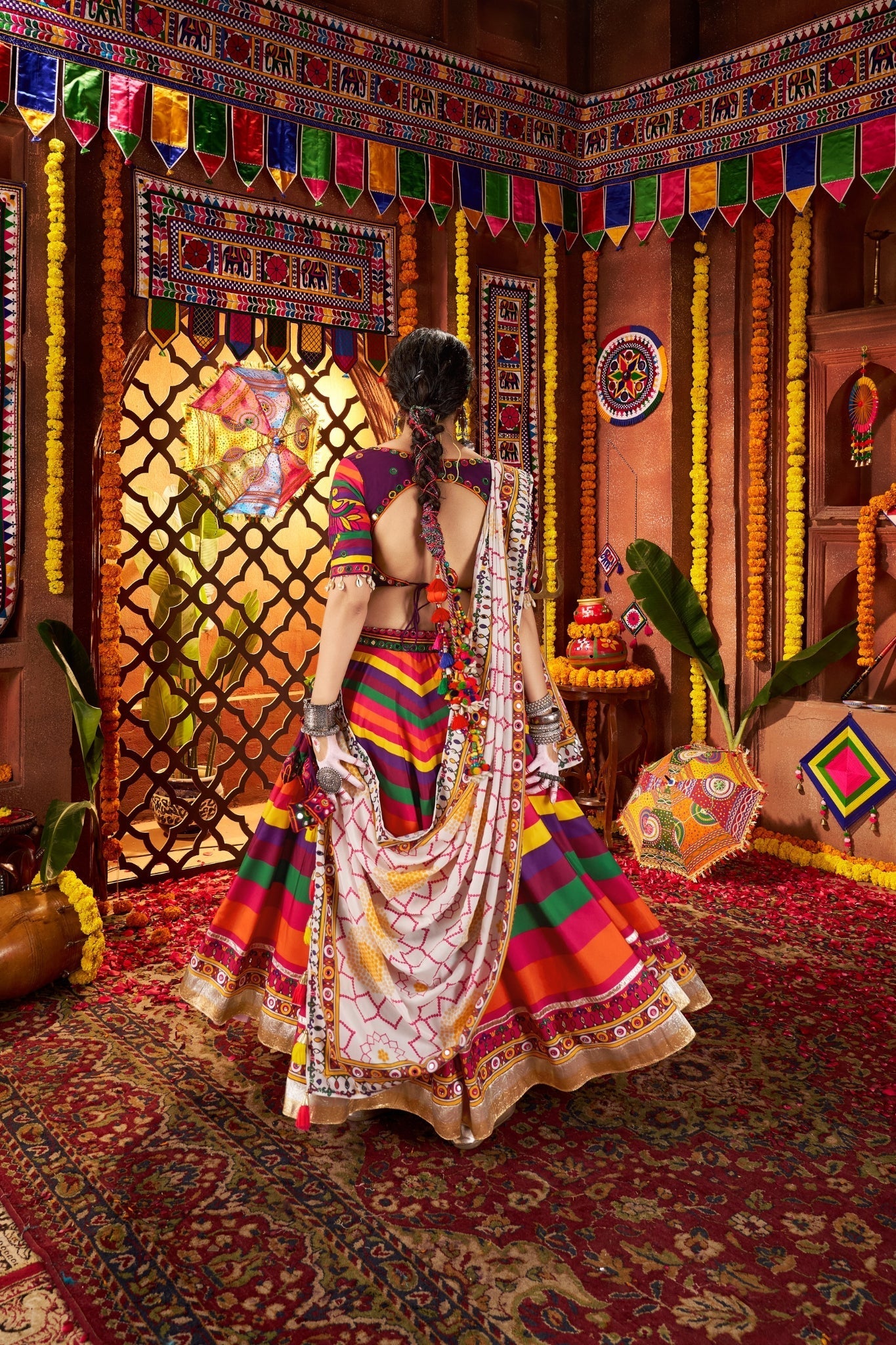 Multi Color Muslin Designer Stunning Print With Mirror Work Navratri Lehenga Choli - ETHNICDEAL