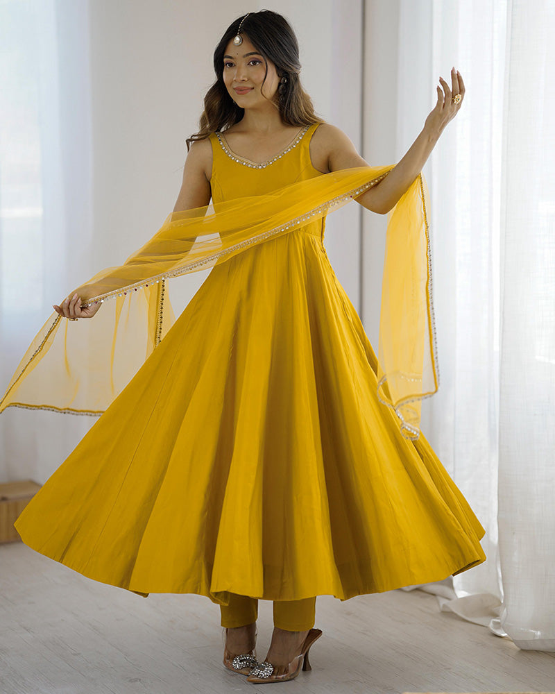 Yellow Color Chanderi Pure Roman Silk Anarkali Suit - ETHNICDEAL