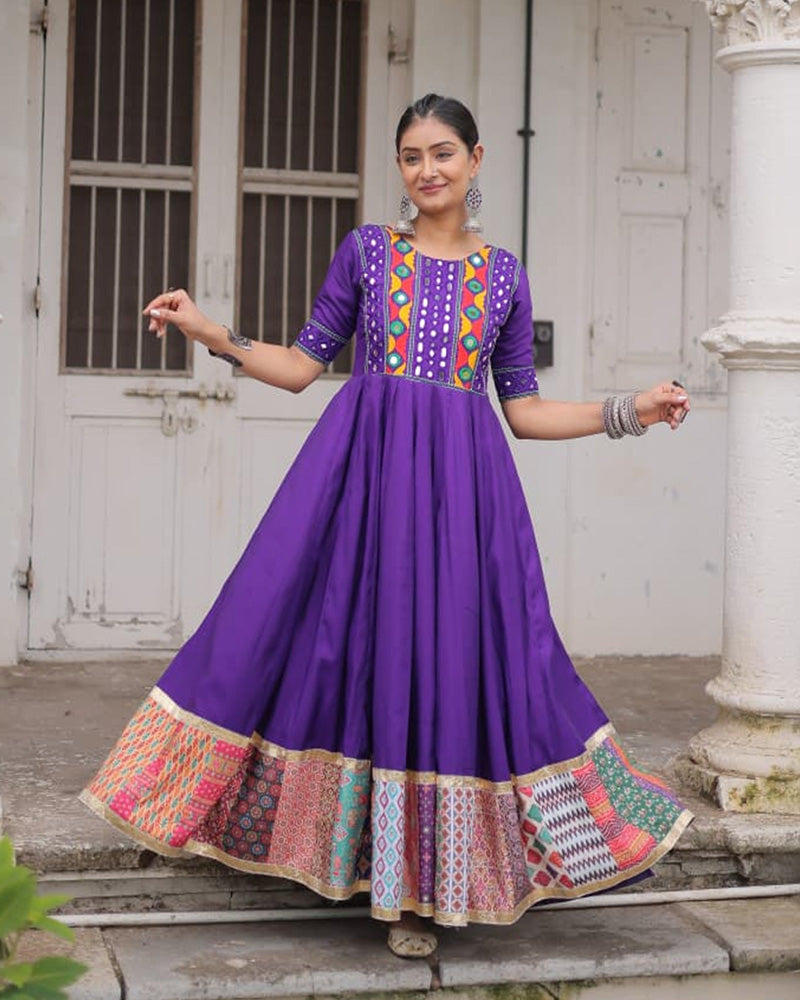 Colorful Border Purple Color Roman Silk Gamthi Work Navratri Gown - ETHNICDEAL
