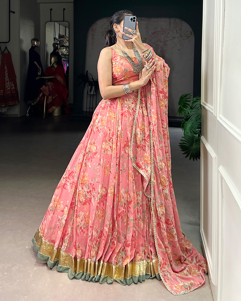 Mesmerizing Peach Color Chiffon Printed Lehenga Choli - ETHNICDEAL