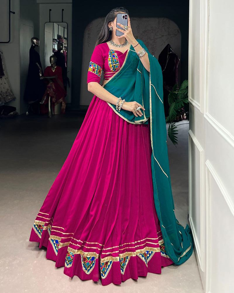 Designer Pink Rayon Lehenga Choli With Traditional Gamthi Patchwork - ETHNICDEAL