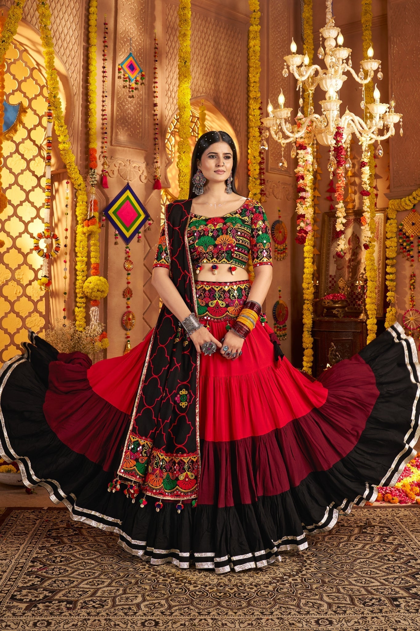 Festive Designer Viscose Cotton Multi Tread With Mirror Work Traditional Navratri Lehenga Choli - ETHNICDEAL