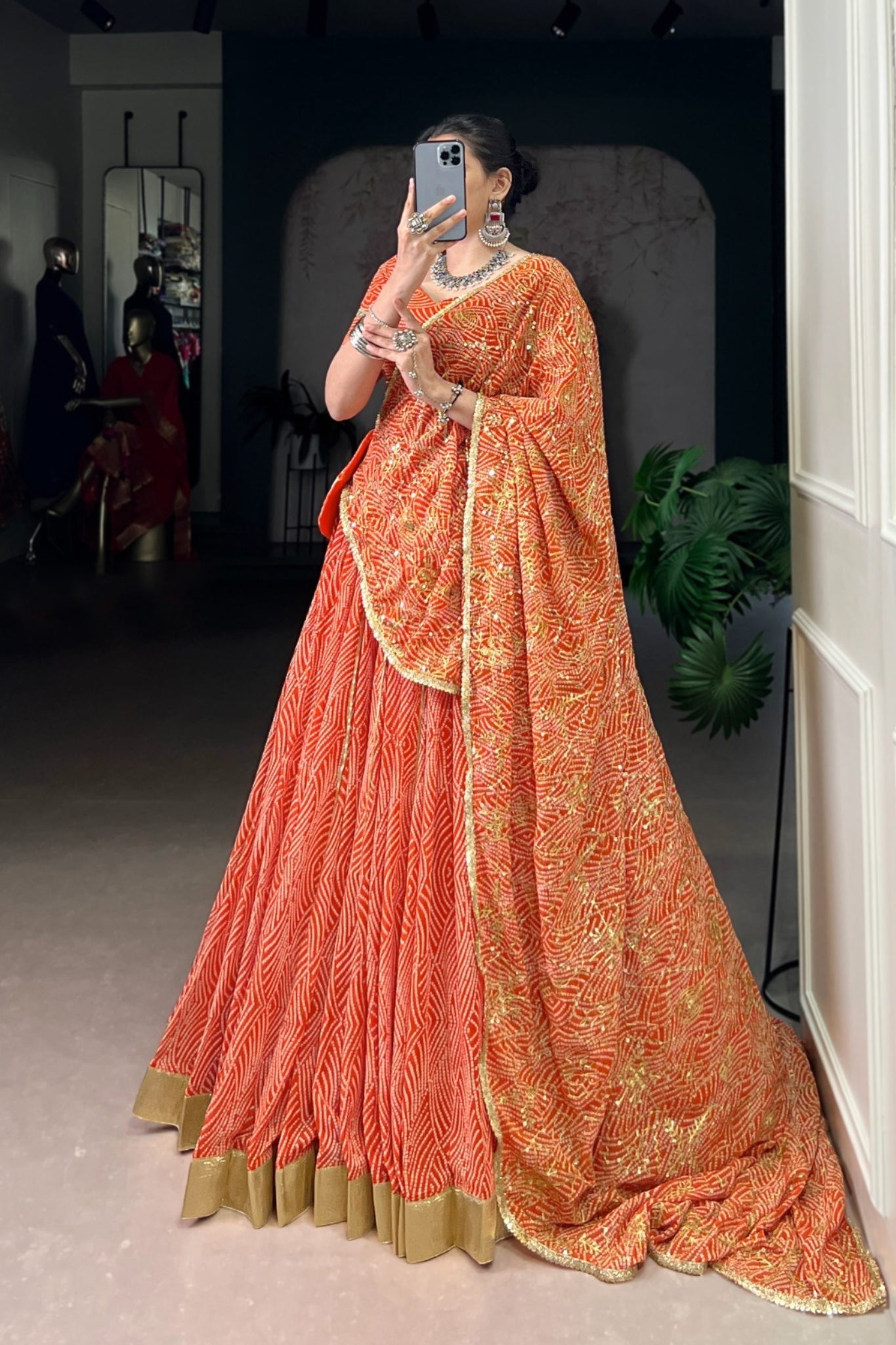 Vibrant Bandhej Print Designer Georgette With Mirror Work Lehenga Choli Set For Wedding And Navratri - ETHNICDEAL