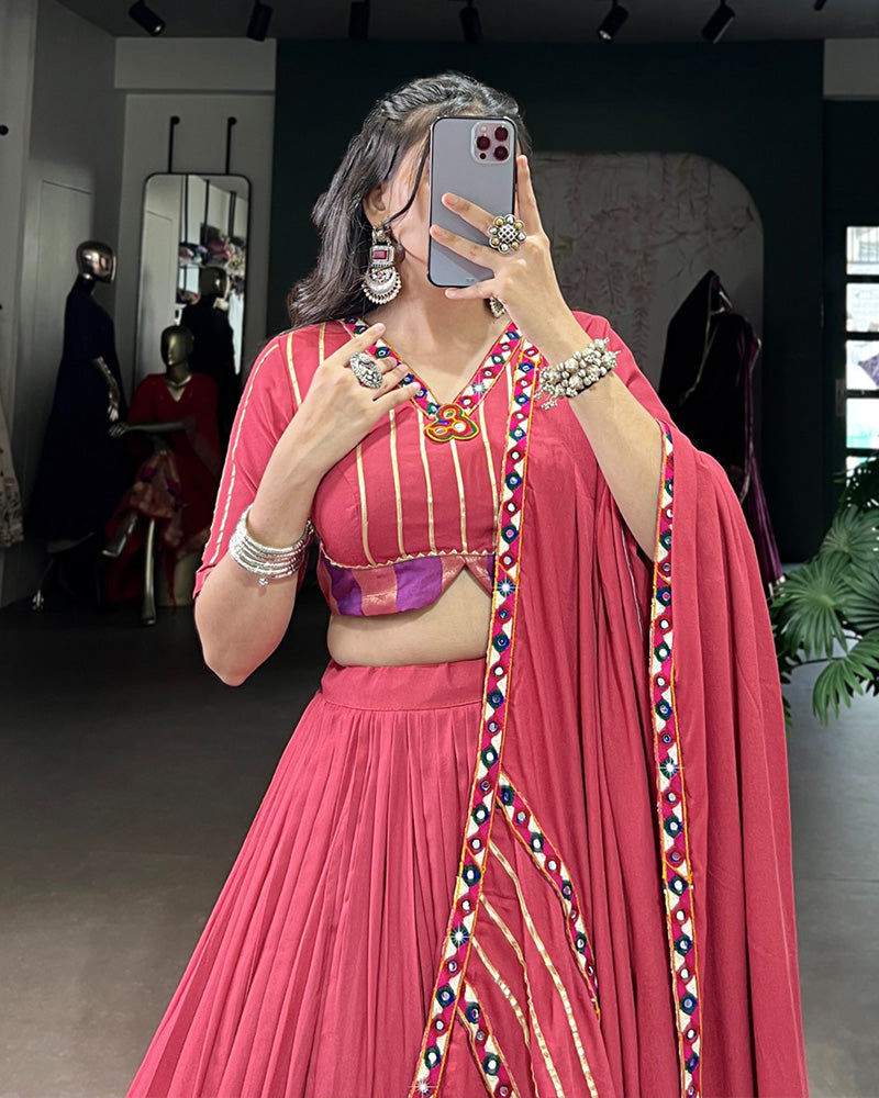 Dark Pink Pure Rayon Navratri Lehenga Choli With Designer Blouse - ETHNICDEAL