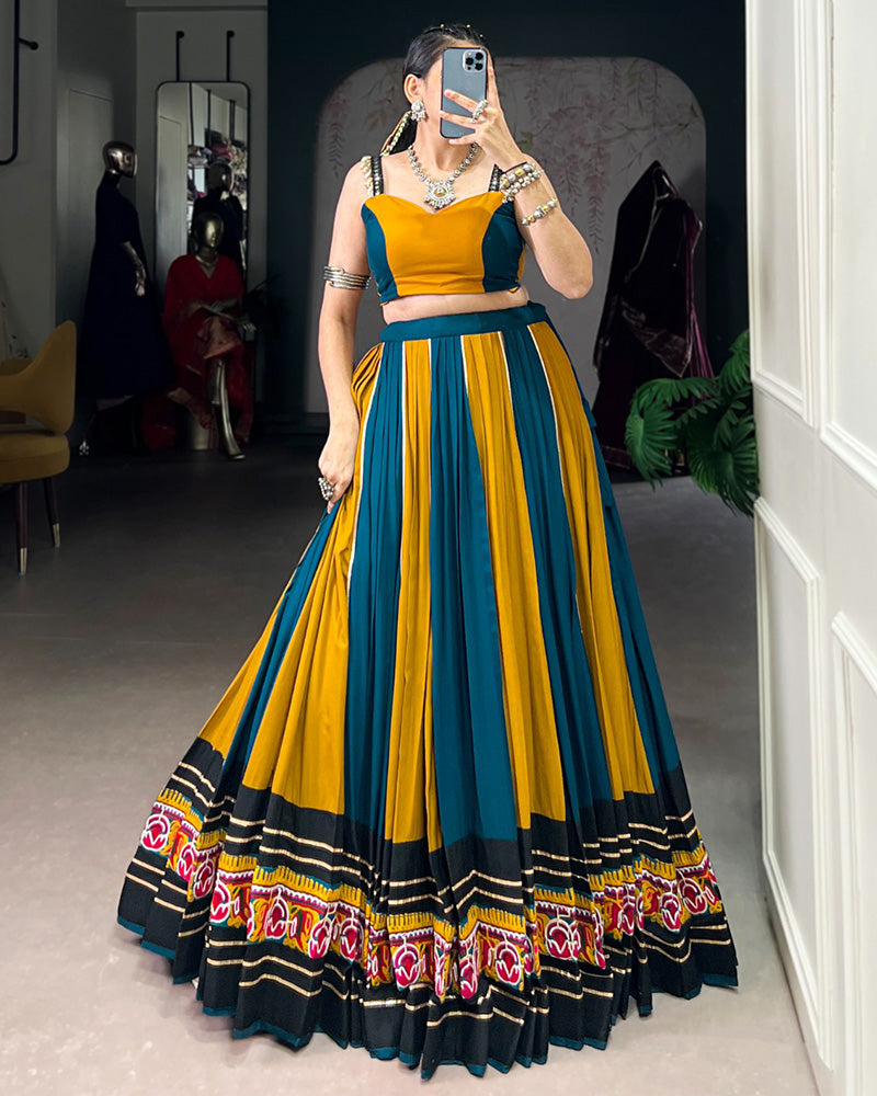 Mustard Color Pure Rayon Navratri Lehenga With Black Choli - ETHNICDEAL