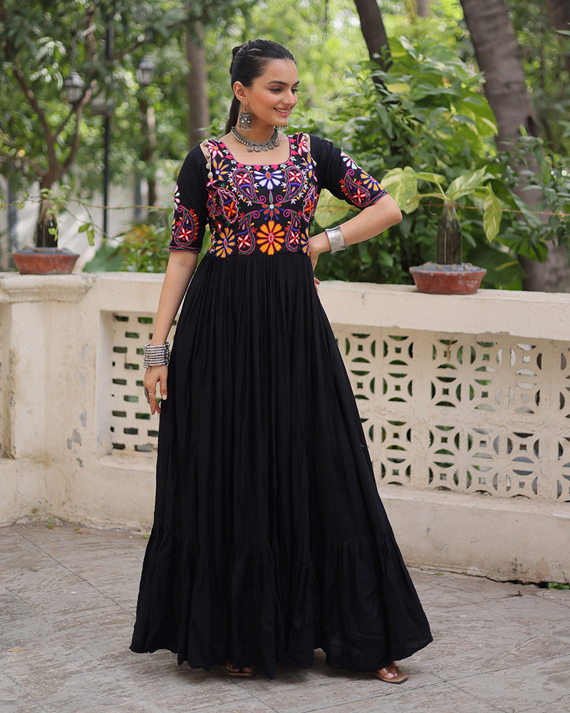 Black Rayon Kutchi Gamthi Embroidered Navratri Gown for Women - ETHNICDEAL
