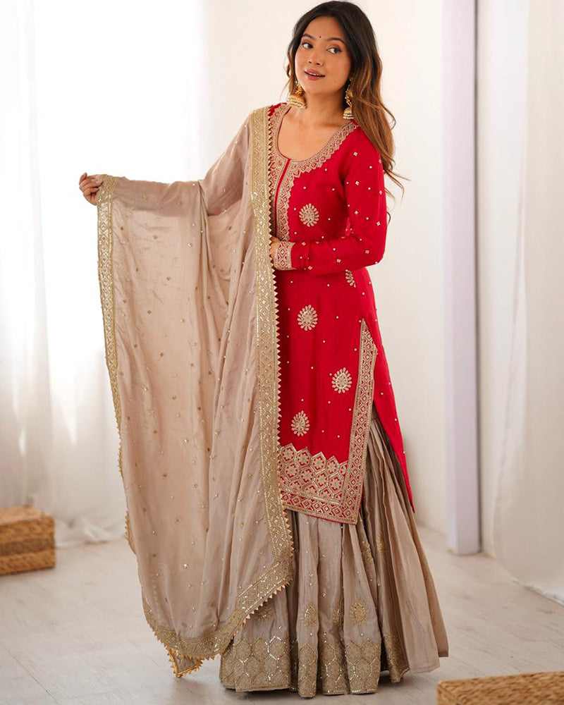 Red Color Chinon Silk Embroidered Sharara Suit - ETHNICDEAL