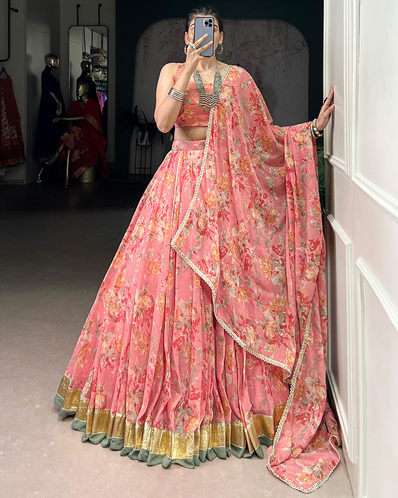 Mesmerizing Peach Color Chiffon Printed Lehenga Choli - ETHNICDEAL
