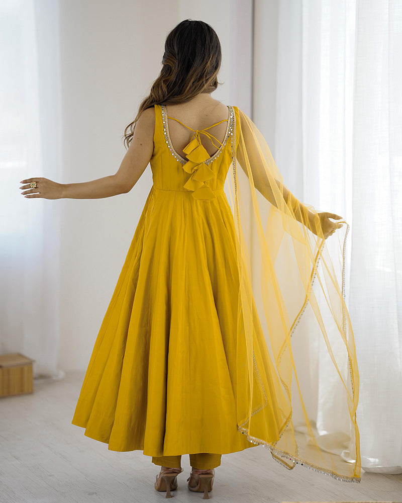 Yellow Color Chanderi Pure Roman Silk Anarkali Suit - ETHNICDEAL