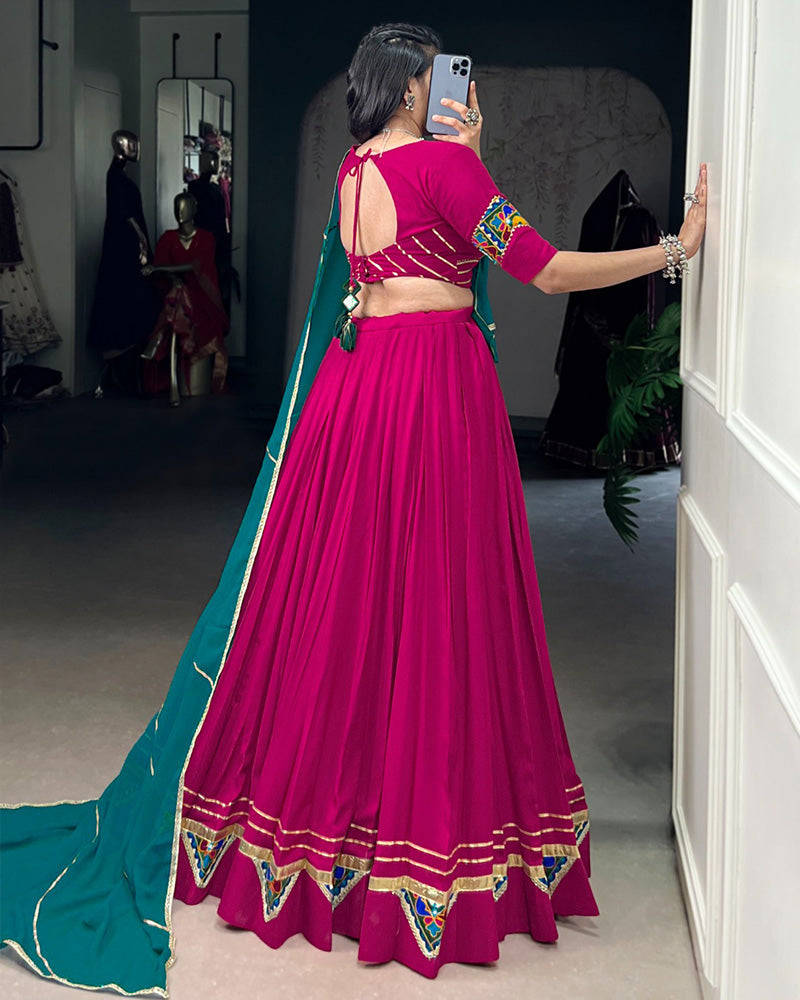 Designer Pink Rayon Lehenga Choli With Traditional Gamthi Patchwork - ETHNICDEAL