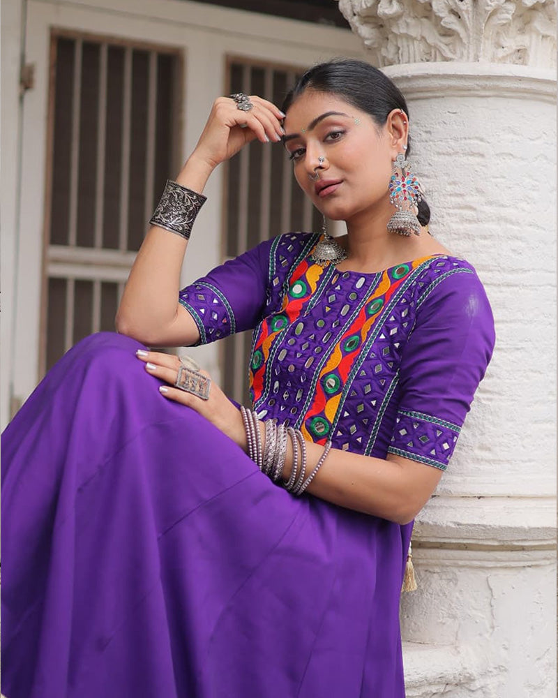 Colorful Border Purple Color Roman Silk Gamthi Work Navratri Gown - ETHNICDEAL