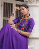 Colorful Border Purple Color Roman Silk Gamthi Work Navratri Gown - ETHNICDEAL