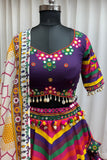 Multi Color Muslin Designer Stunning Print With Mirror Work Navratri Lehenga Choli - ETHNICDEAL