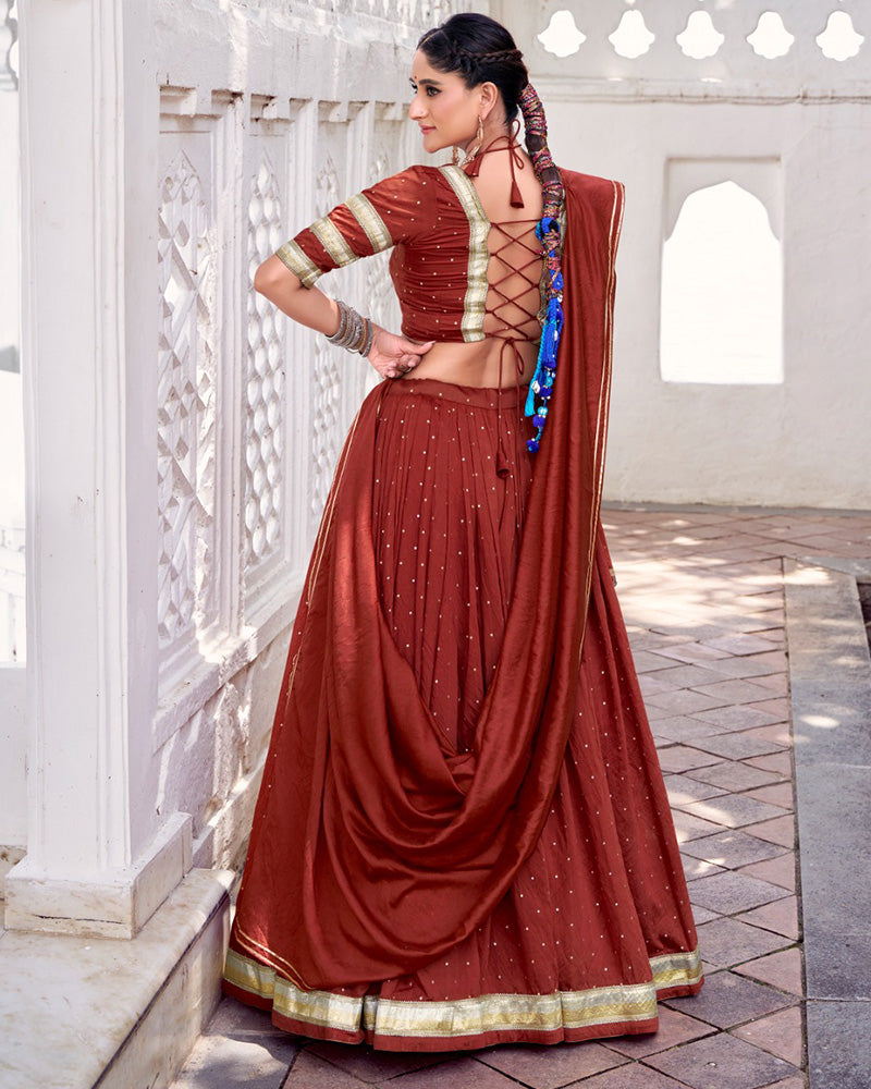 Classic Rust Orange Color Pure Chanderi Navratri Lehenga Choli - ETHNICDEAL