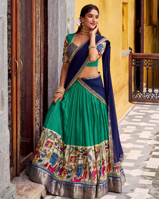 Bottle Green Color Poly Chanderi Printed Lehenga Choli - ETHNICDEAL