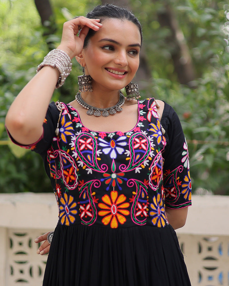 Black Rayon Kutchi Gamthi Embroidered Navratri Gown for Women - ETHNICDEAL