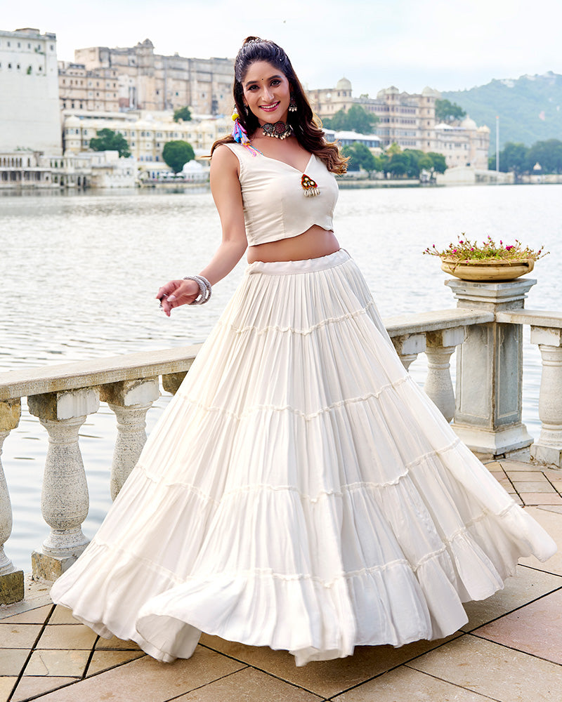 Traditional White Pure Rayon Lehenga Choli for Navratri Festival - ETHNICDEAL