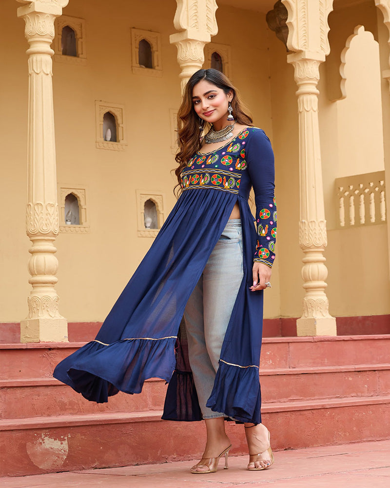Blue Pure Rayon Embroidered Kurti for Navratri and Garba Wear - ETHNICDEAL