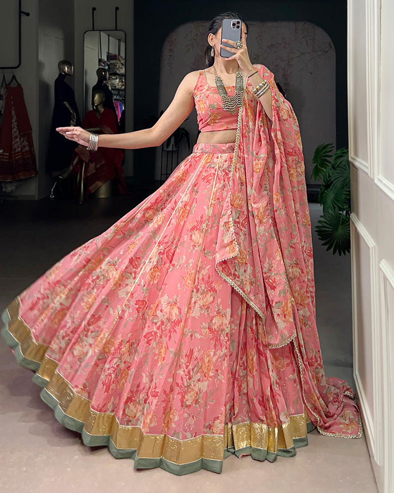 Mesmerizing Peach Color Chiffon Printed Lehenga Choli - ETHNICDEAL